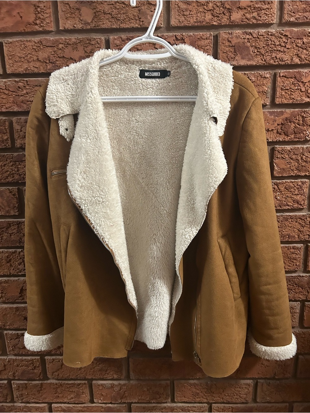 Missguided Camel Faux-Suede Aviator Jacket with Cream Shearling